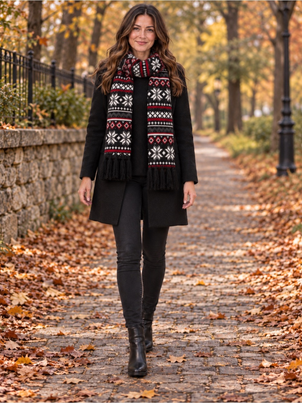 Catherines Fair Isle Snowflake Knit Scarf Black Red White NWT